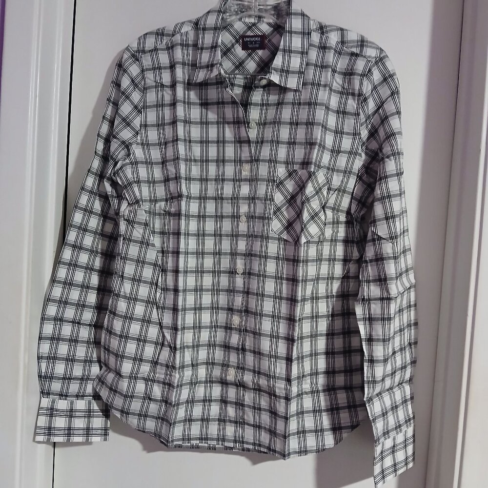 Untuckit Marina Women's Long Sleeve Plaid Black and White  SZ 6 NWOT